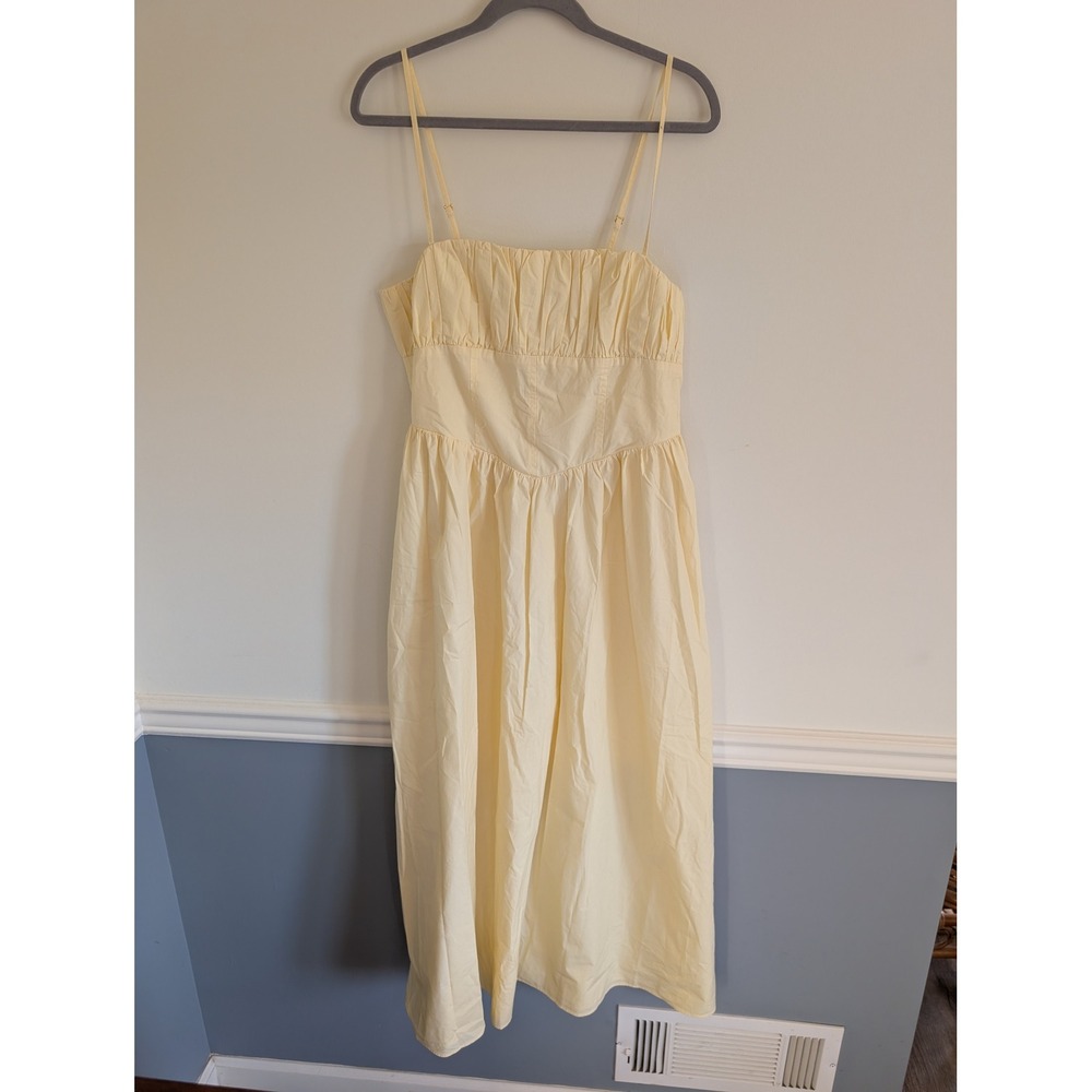 LOFT Womens Butter Yellow Cotton Pleated Bodice Smocked Midi Dress Size 12 NEW